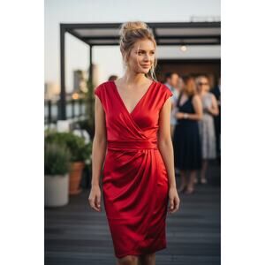 St John Raspberry Satin Faux Wrap Cocktail Dress Silk Lined Size 8 NWT Wedding